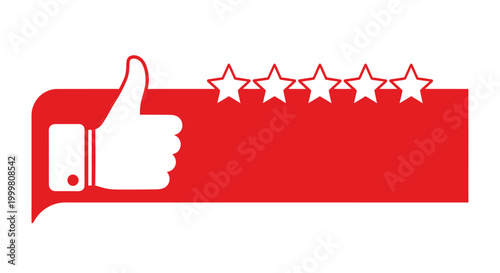 Red thumbs up badge with star rating banner, a bold vector illustration of approval and positive feedback.