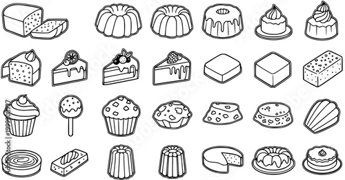 Black and White Line Art Icons of Various Delicious Desserts and Pastries, Vector Stock