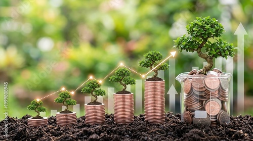 environmental dividends, sustainable investment, green finance, economic growth, esg investing, savings growth, ecological sustainability concept with trees on coin stacks.
