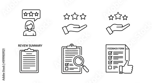 Collection of business icons including user ratings, documents, and workflow symbols.