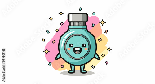Cute cartoon bottle character with smiling face.