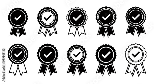 Collection of monochrome award ribbon badges for recognition and achievement graphics.