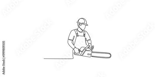 A line drawing of a man in a hard hat and overalls holding a chainsaw isolated on white background