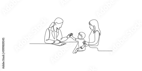 Continuous line drawing of a doctor consulting with a mother and her baby in a simple style