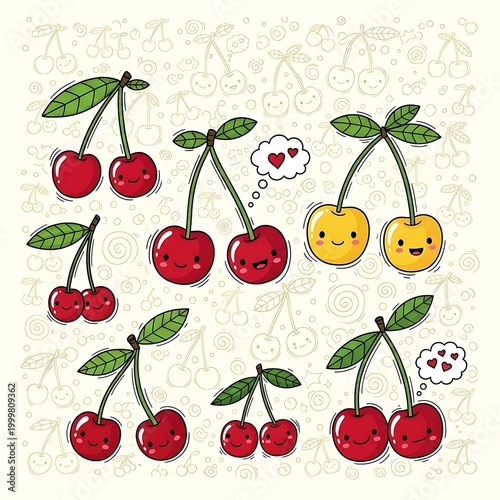 Assortment of cheerful, stylized cherries with smiling faces creates a delightful pattern on a light background