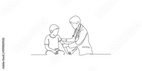 A doctor or physician examining a young boys arm or elbow in a medical setting with a stethoscope around his neck in a line drawing style