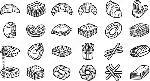 Food Industry Black and White Line Art Icons. Hand-drawn Bakery Pastries, Sweet Bread, Croissants, Baklava, and Desserts Doodle Vector Set.