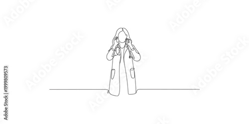 Continuous line drawing of a doctor or nurse putting on a face mask in a simple style