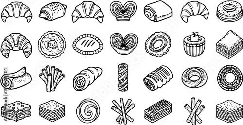 Black and White Line Art of Various Pastries and Baked Goods