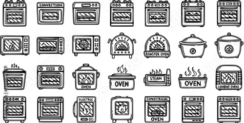 Food  Cooking Kitchen Ovens Line Art Icons Collection - Hand-drawn Appliance Symbols for Baking and Roasting