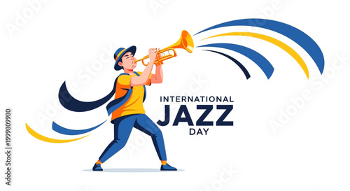 An illustration for International Jazz Day featuring a musician playing a trumpet with stylized sound waves in blue and yellow against a clean white background, creating a retro jazz music