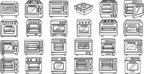 Black  White Line Art Vector Icons of Kitchen Ovens and Home Appliances. A comprehensive collection of outline drawings for cooking, baking, and culinary industry designs.