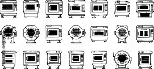 Black and White Line Art Collection of Commercial and Industrial Ovens. Bakery and Restaurant Kitchen Appliances, Food Processing Equipment Doodle Style.