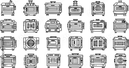 Commercial Bakery Ovens Black  White Line Art Icons Set. Restaurant and Food Service Cooking Equipment, Industrial Kitchen Outline Vector Illustrations.