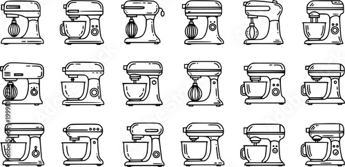 Black and White Line Art Collection of Various Stand Mixers, Kitchen Appliances for Baking and Cooking