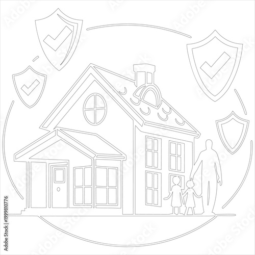 House and family protected by security shield icons