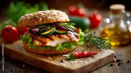 Delicious grilled chicken burger with fresh vegetables on a rustic wooden cutting board, garnished with herbs and spices in a warm kitchen setting