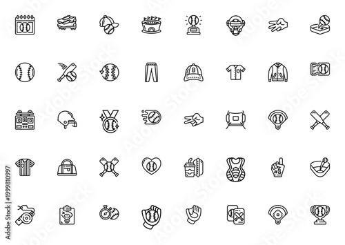 Baseball icon set. Sport vector collection. Includes symbols for stadium, trophy, helmet, bat, glove, field, scoreboard, uniform and more. Editable stroke.
