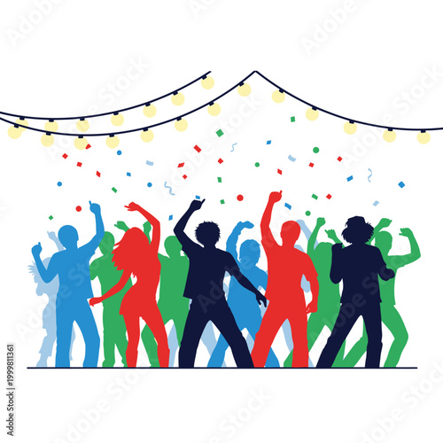 Colorful Silhouette People Dancing Under Festive Lights and Confetti