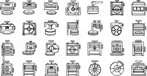 Industrial Processing Machines Black and White Line Art Icons. Manufacturing Equipment, Presses, Rollers  Cutting Tools Outline Collection.