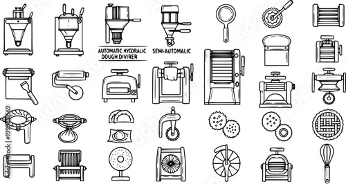 Black and White Line Art Icon Set of Bakery Equipment and Dough Preparation Tools. Featuring Automatic Dough Dividers, Sheeters, Mixers, Ovens, and Baking Utensils for the Food Industry.