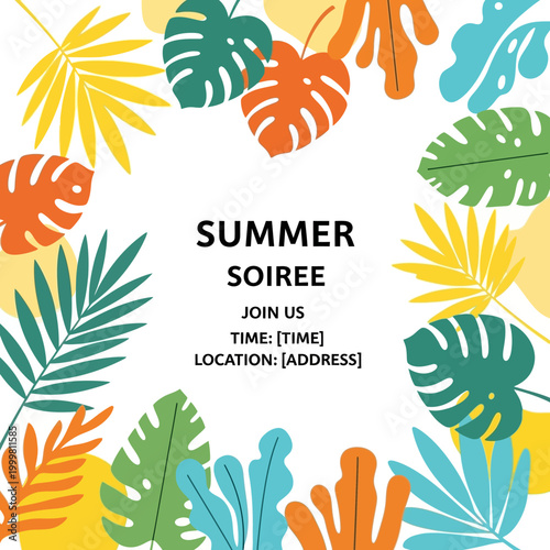 Summer Soiree Invitation with Tropical Leaves and Party Details