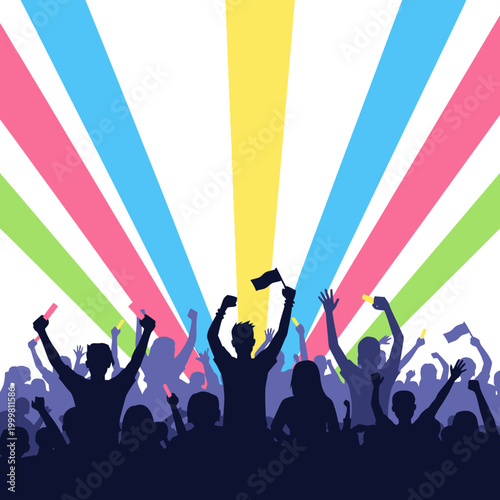 Crowd cheering with raised hands and flags against colorful light rays