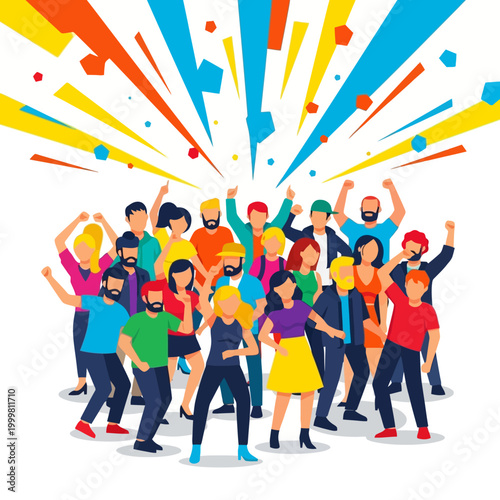 Diverse Crowd Celebrating Joyfully with Colorful Confetti Burst