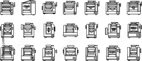 Food  Kitchen Appliances Black and White Line Art Icons Set: Pasta Makers, Noodle Machines, and Dough Rollers Glyphs