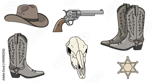 Wild West Cowboy Elements: Hat, Boots, Revolver, Skull, Sheriff Badge