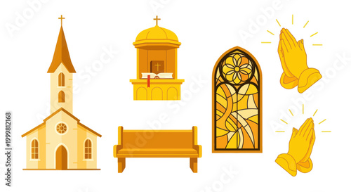 Church Elements: Building, Altar, Stained Glass, Pew, Praying Hands