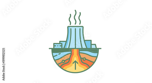 Detailed illustration of a geothermal power plant harnessing sustainable energy from the Earth's subsurface, depicting the clean energy generation process