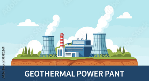 Modern geothermal power plant illustration featuring cooling towers emitting steam, symbolizing sustainable electricity generation and renewable energy solutions for a green future