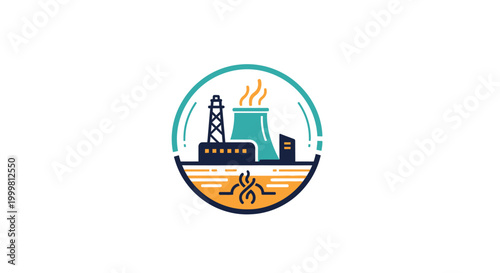 Vector illustration of a modern industrial energy complex, symbolizing oil and gas extraction with a power generation plant and environmental emissions