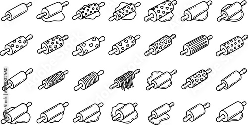 Baking and Cooking Rolling Pins Black and White Line Art Icons Set. Outline Kitchen Utensils for Food Preparation and Pastry Making Vector.