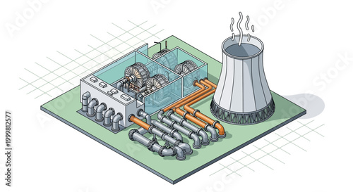Detailed isometric illustration of a modern thermal power plant showcasing internal machinery, turbines, and a prominent cooling tower for industrial energy generation