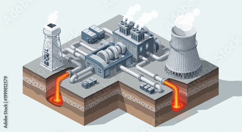Isometric illustration of a geothermal power plant harnessing Earth's natural heat to generate clean, renewable electricity through a sustainable energy process