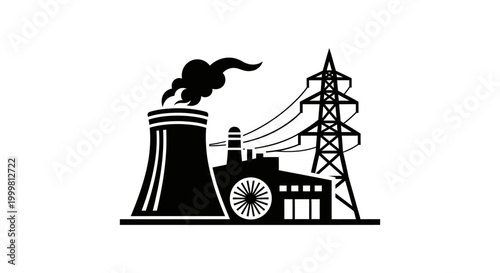 Modern industrial power plant facility generating electricity, featuring a prominent cooling tower and high-voltage transmission pylon structure