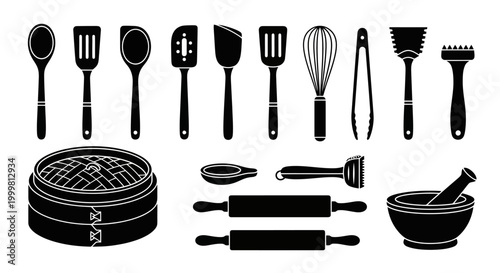 Black silhouette kitchen utensils and tools.
