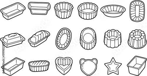 Black and White Line Art Icons of Various Baking Molds, Pans, and Kitchen Containers. A Collection of Cookware Outlines for Food Preparation and Culinary Design.