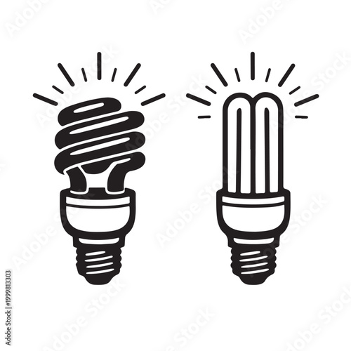Energy Efficient CFL Light Bulb Icons Vector Illustration - Spiral and U-Shape Fluorescent Lamps Isolated on White Background