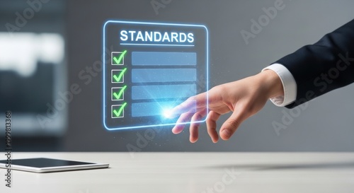 Businessman finger touching digital holographic checklist standards, for quality assurance, professional compliance, business excellence, corporate operational success