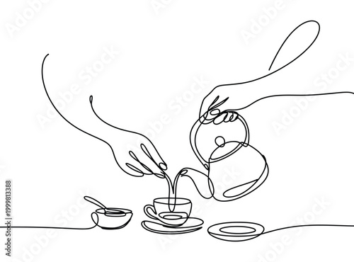 Continuous line drawing of hands pouring tea from kettle into cup on saucer with bowl and spoon on table