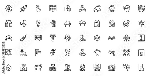 Futuristic Technology icon set. Vector symbols for AI, VR, robotics, nanotechnology, smart city, renewable energy and more. Editable stroke collection.
