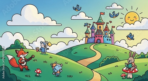 Whimsical cartoon animals enjoy a sunny day near a colorful fairytale structure on rolling green hills