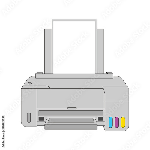 Illustration printer with paper isolated unique design on white background