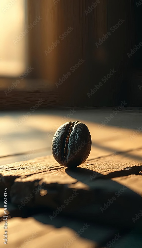 Fototapeta premium A solitary, ice-kissed coffee bean, its surface etched with time, sits sentinel on a rough wooden surface, bathed in nostalgic, low-angle light, texture, still life