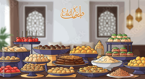 A lavish spread of traditional Middle Eastern sweets and dates, perfectly arranged for a festive Eid celebration, creating an inviting and abundant atmosphere