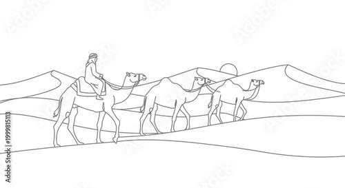 Bedouin riding camel leading caravan through desert dunes line art