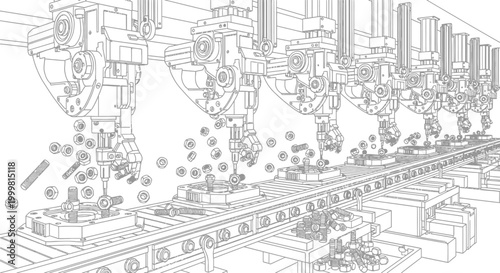 Automated factory production line with robotic arms and mechanical parts
